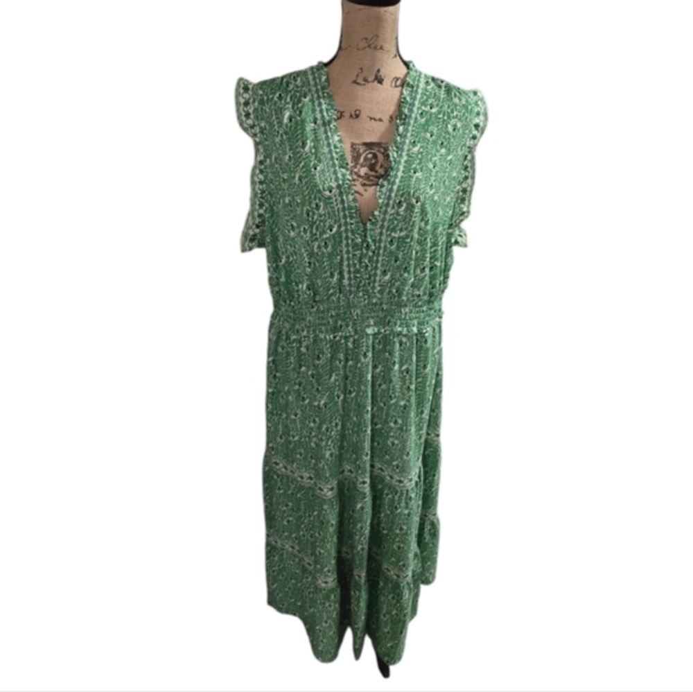 Max Studio London Green White Printed Ruffle Tiered Maxi Dress‎ 3X Smocked NEW